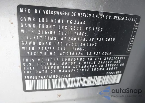 2021 Volkswagen Tiguan 2.0T Se/2.0T Se R-Line Black/2.0T Sel из США, поврежденный, VIN 3VV3B7AX8MM067946